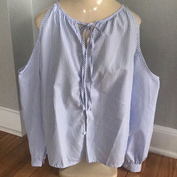 Blue/white stripe cold shoulder blouse, medium - Picture 1 of 8